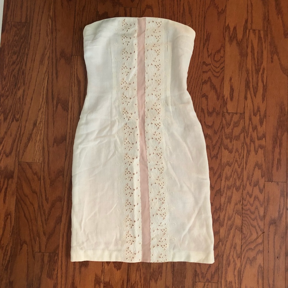 Romantic strapless dress- beige linen,lace & pink